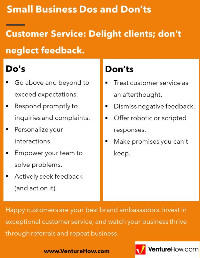 Customer Service: Delight clients; don't neglect feedback.